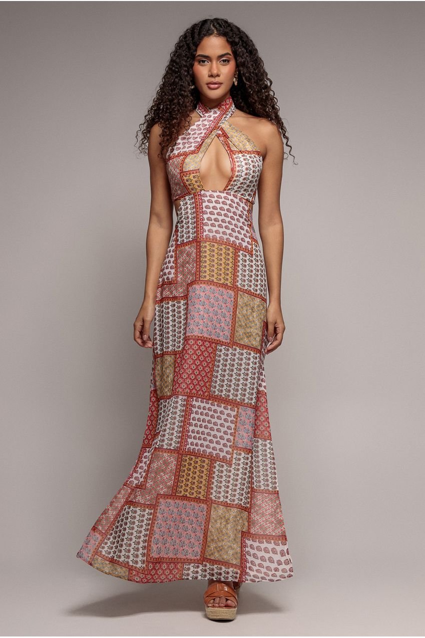 Goddiva Halter Neck Printed Maxi Dress – Coral
