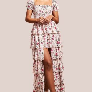 Goddiva Layered Dipped Hem Floral Maxi - Beige