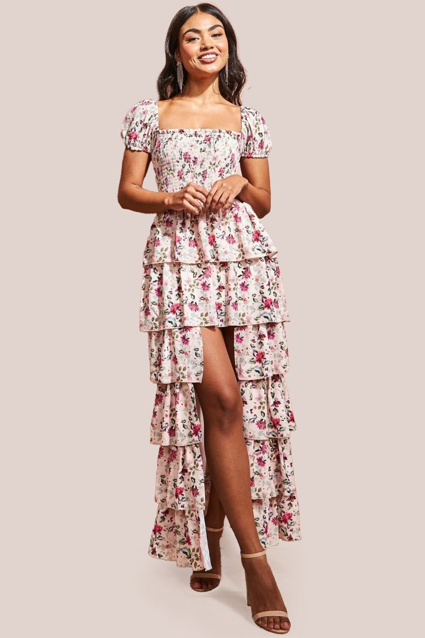 Goddiva Layered Dipped Hem Floral Maxi – Beige