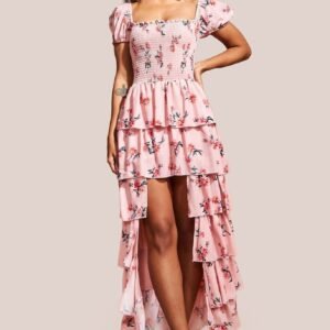 Goddiva Layered Dipped Hem Floral Maxi - Peach