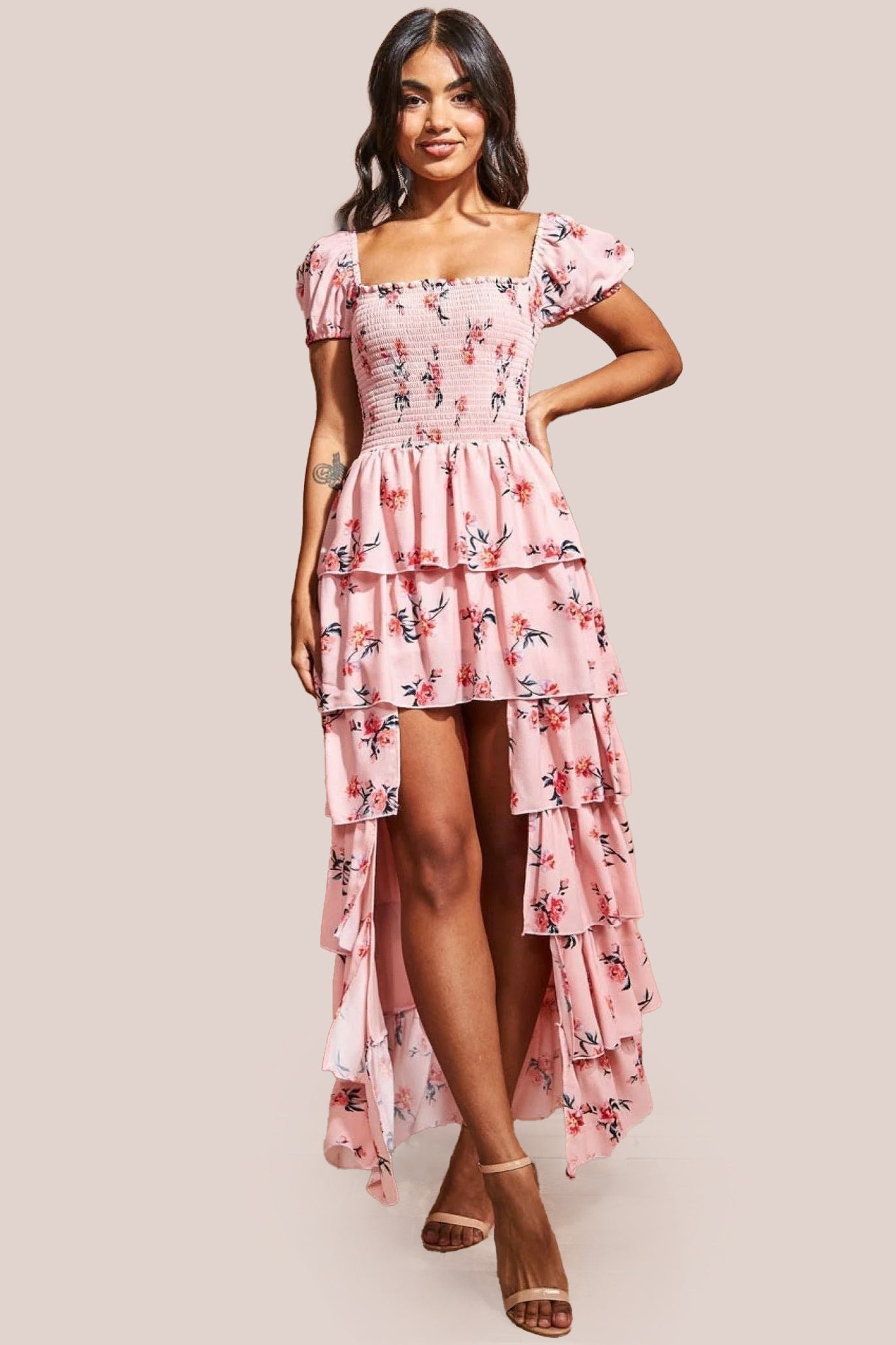 Goddiva Layered Dipped Hem Floral Maxi – Peach