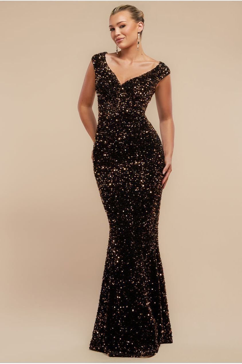 Goddiva Multi Sequin & Velvet Bardot Maxi – Gold