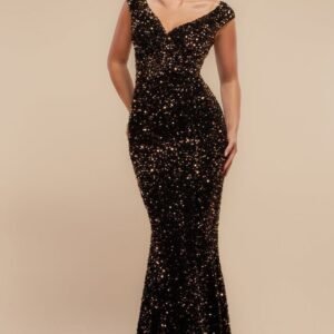 Goddiva Multi Sequin & Velvet Bardot Maxi - Gold