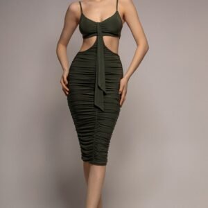 City Goddess Cut Out Ruched Bodycon Midi Dress - Khaki