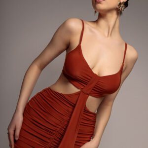 Goddiva Cut Out Ruched Bodycon Midi Dress - Rust