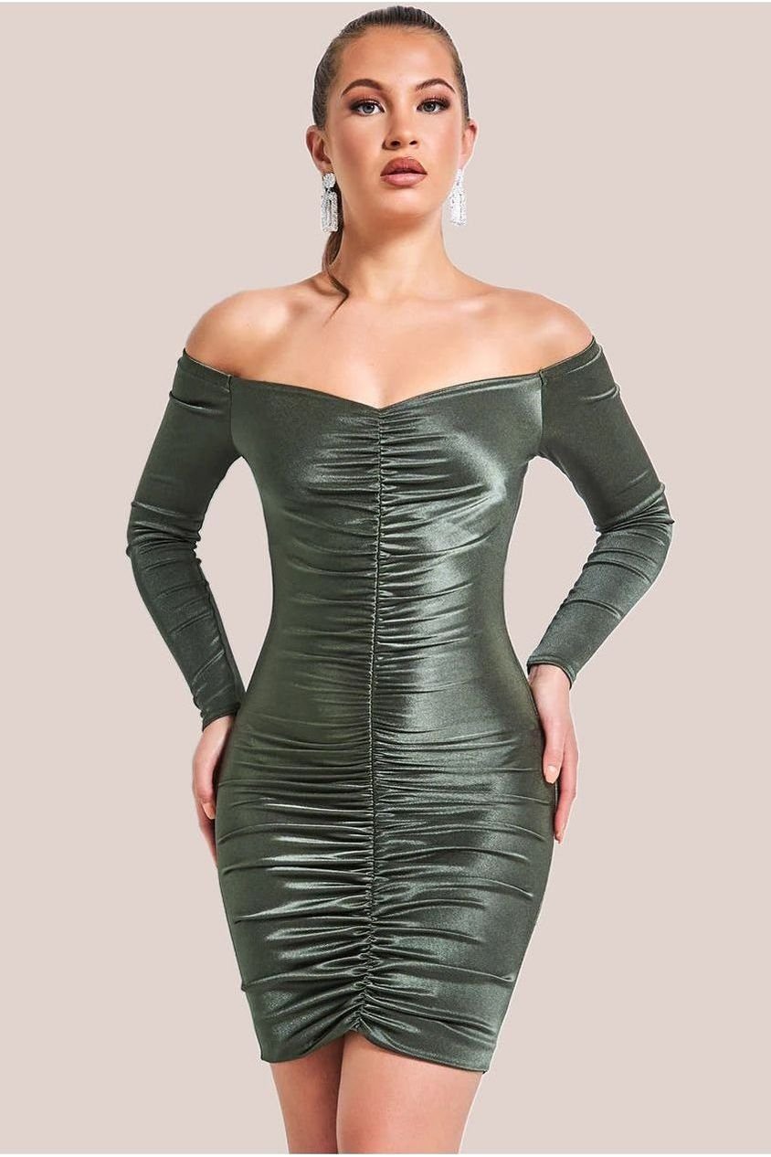 Goddiva Off The Shoulder Ruched Mini – Khaki