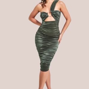 Goddiva Ring Detail One Shoulder Ruched Midi - Khaki