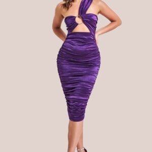 Goddiva Ring Detail One Shoulder Ruched Midi - Purple