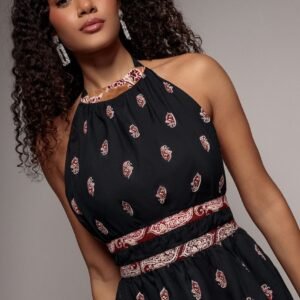 City Goddess Halter Neck Printed Midi Dress - Black