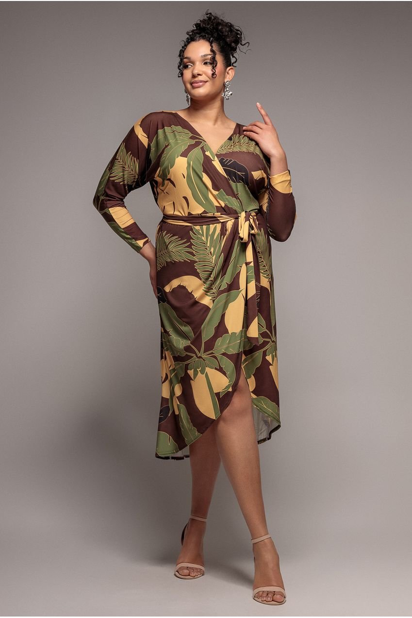 Goddiva Plus Printed Batwing Wrap Midi Dress – Brown