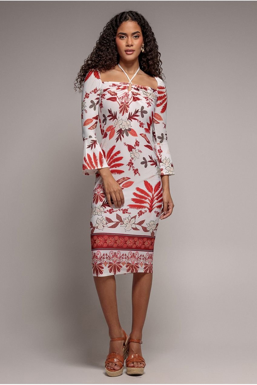 Goddiva Printed Tie Back Midi Dress – Cream