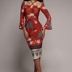 Goddiva Printed Tie Back Midi Dress - Orange