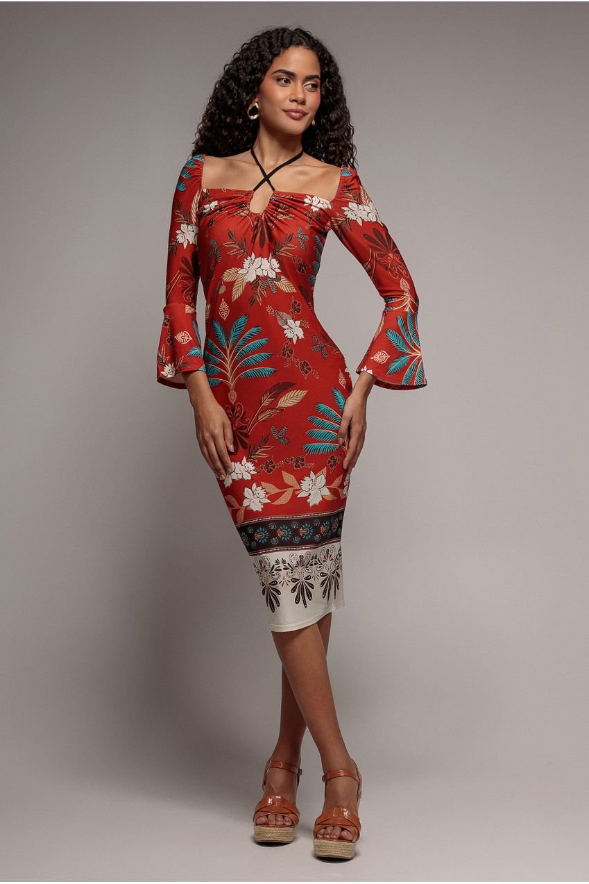 Goddiva Printed Tie Back Midi Dress – Orange