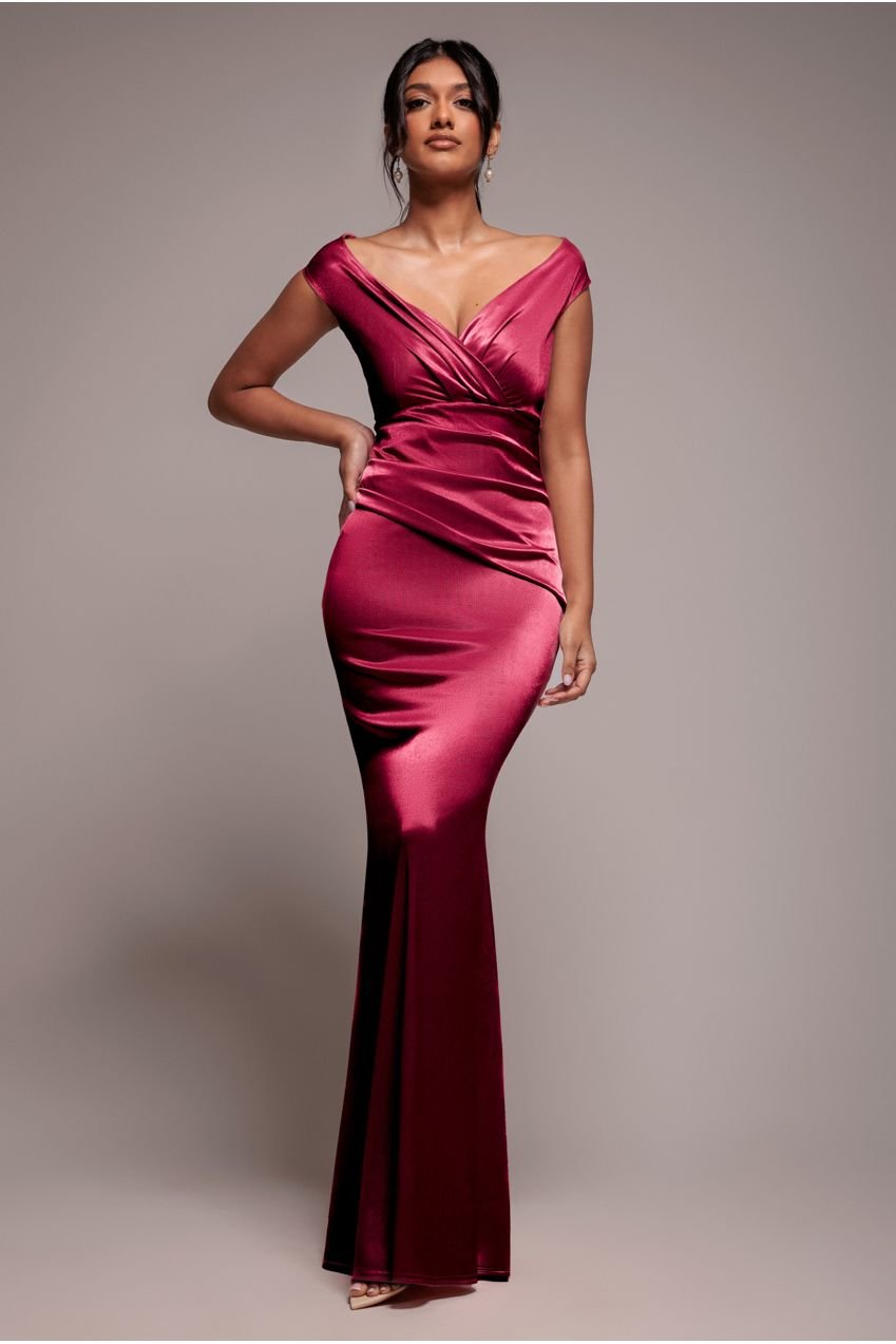 Goddiva Satin Off The Shoulder Maxi Dress – Wine