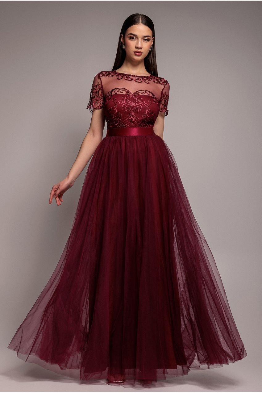 Goddiva Embroidered Mesh Maxi Dress – Burgundy