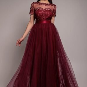 Goddiva Embroidered Mesh Maxi Dress - Burgundy