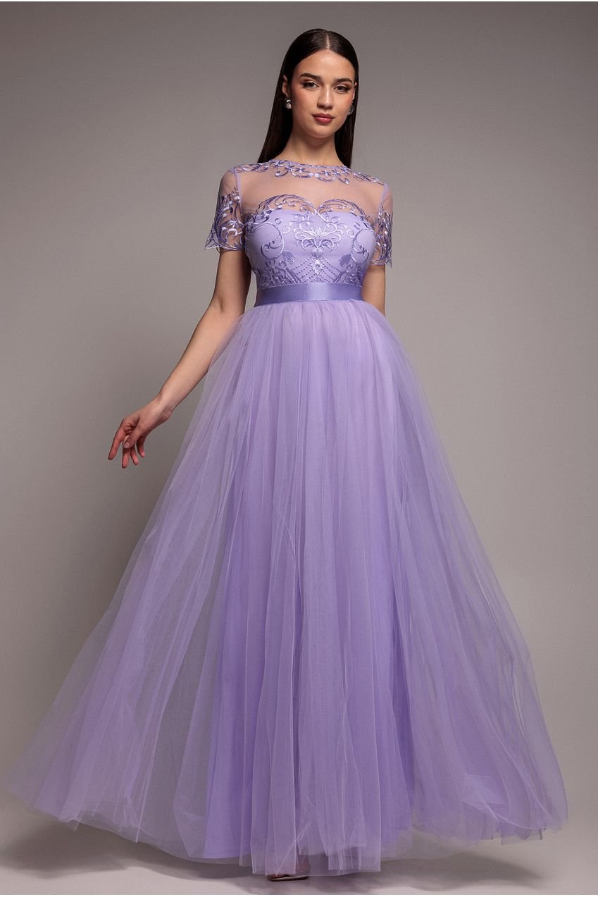 Goddiva Embroidered Mesh Maxi Dress – Lilac