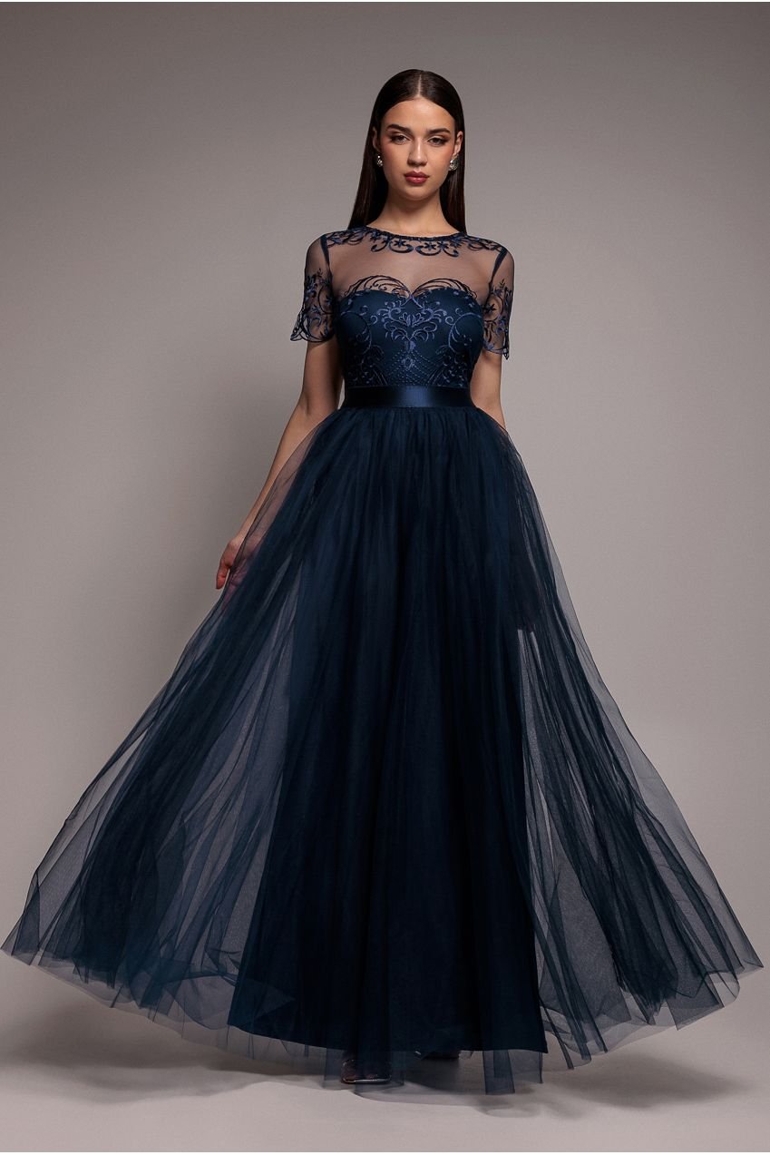 Goddiva Embroidered Mesh Maxi Dress – Navy