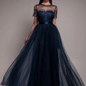 Goddiva Embroidered Mesh Maxi Dress - Navy