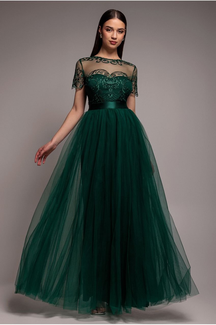 Goddiva Embroidered Mesh Maxi Dress – Emerald Green