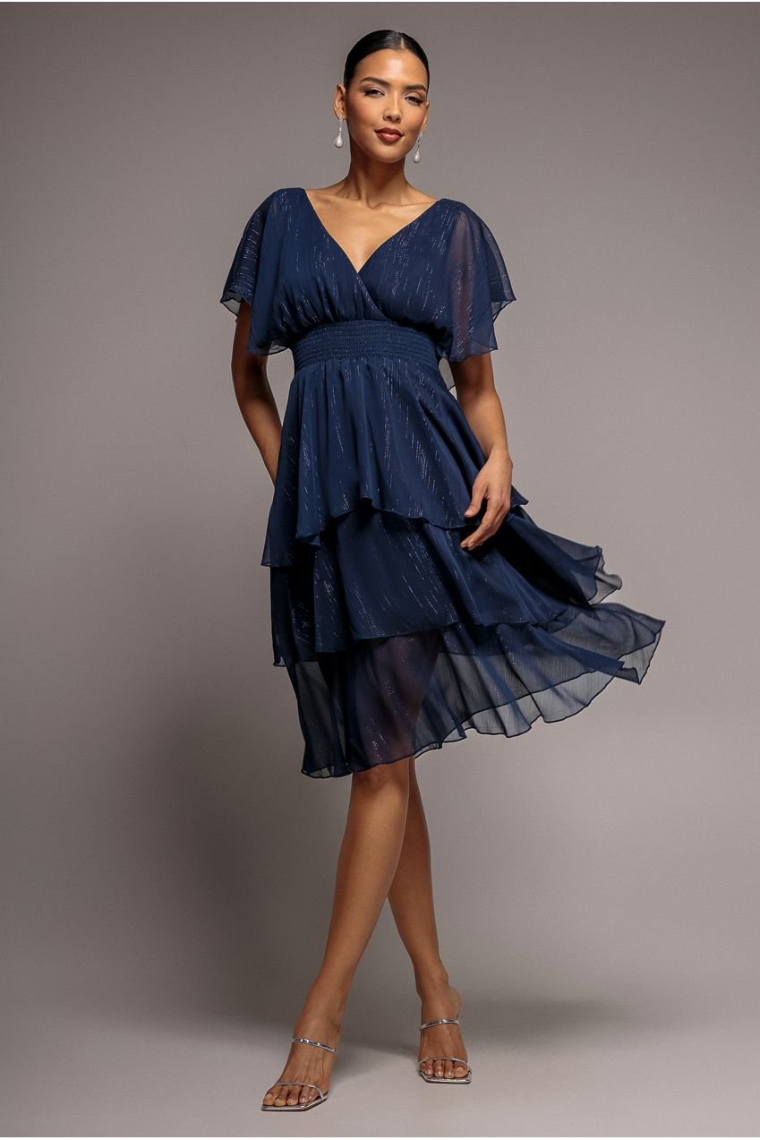 Goddiva Chiffon Layered Flutter Sleeve Midi Dress – Navy