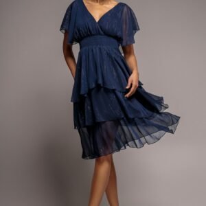 Goddiva Chiffon Layered Flutter Sleeve Midi Dress - Navy