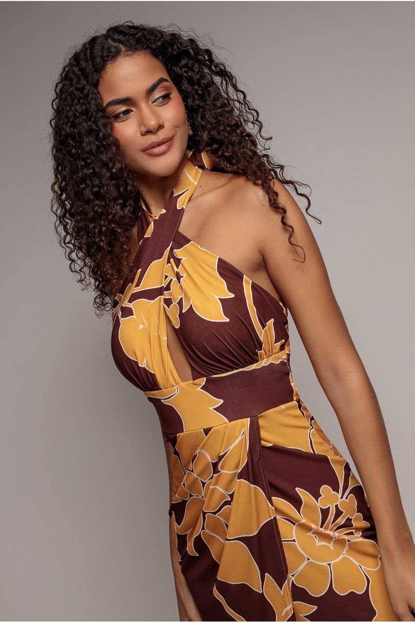 Goddiva Printed Crossover Maxi Dress – Brown