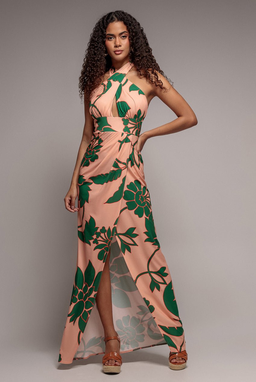 Goddiva Printed Crossover Maxi Dress – Green