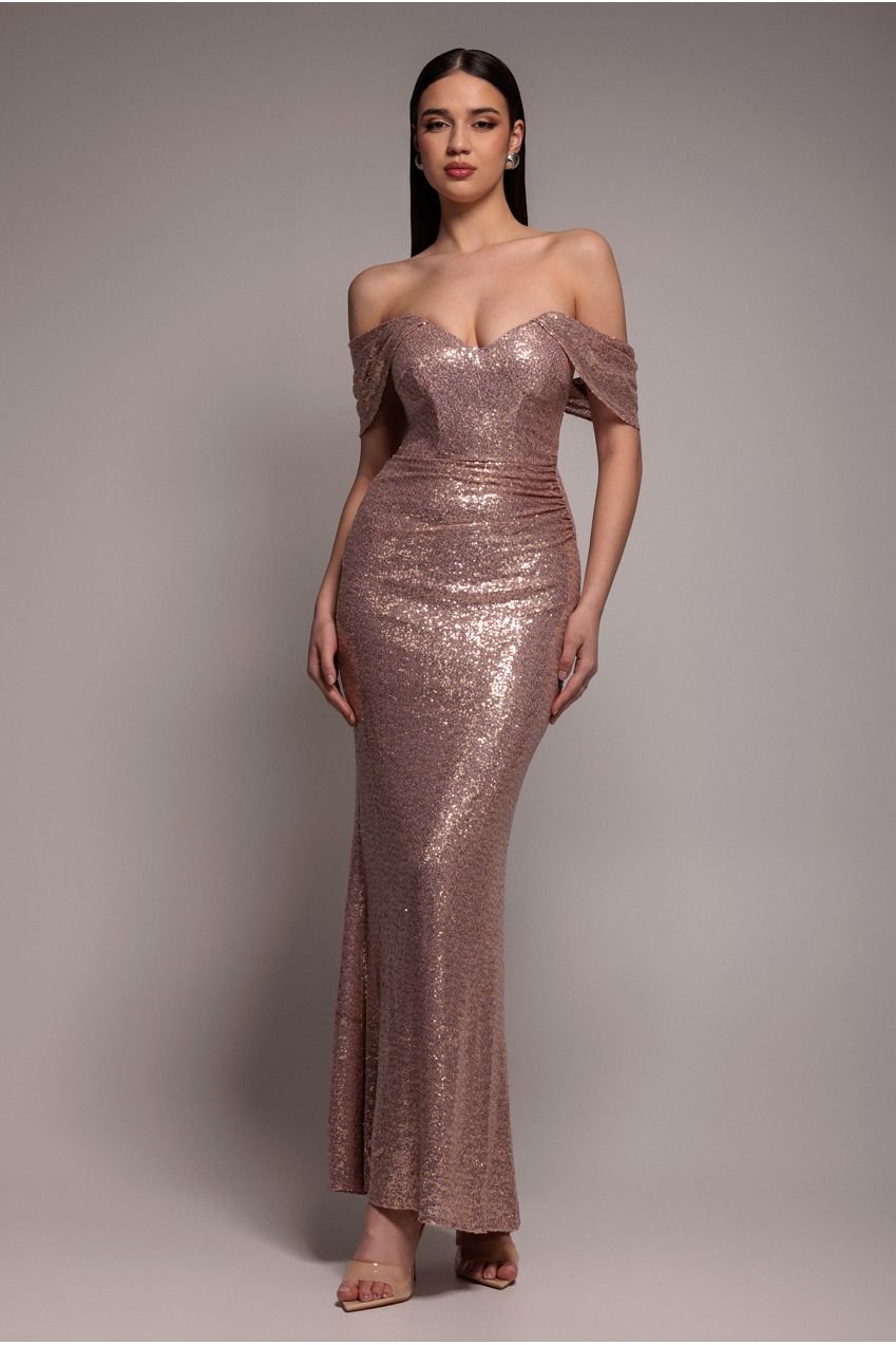 Goddiva Off The Shoulder Sequin Wing Maxi Dress – Champagne