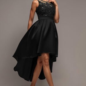 Goddiva Sequin & Satin Dipped Hem Midi Dress - Black