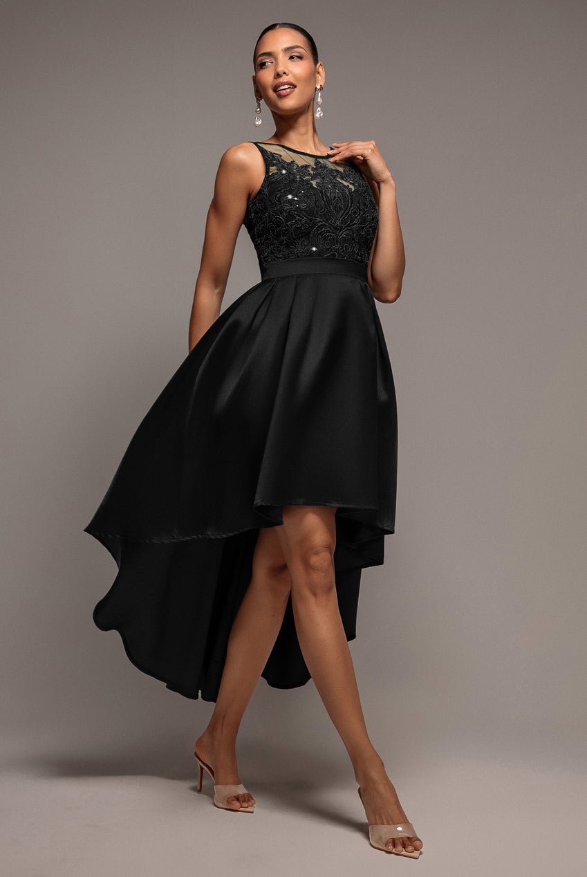 Goddiva Sequin & Satin Dipped Hem Midi Dress – Black