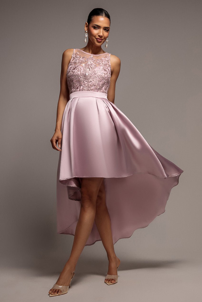 Goddiva Sequin & Satin Dipped Hem Midi Dress – Blush