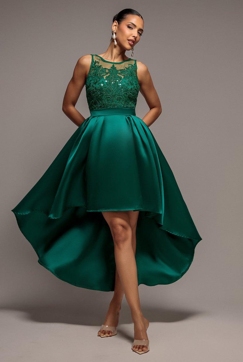 Goddiva Sequin & Satin Dipped Hem Midi Dress – Emerald