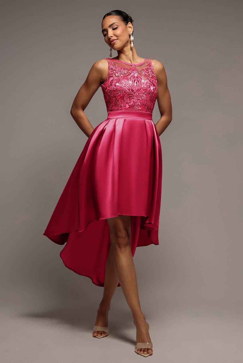 Goddiva Sequin & Satin Dipped Hem Midi  – Hot Pink