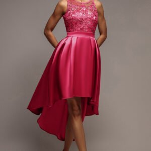 Goddiva Sequin & Satin Dipped Hem Midi  - Hot Pink
