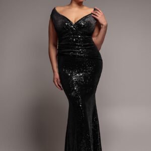 Goddiva Plus Sequin & Velvet Bardot Maxi Dress - Black