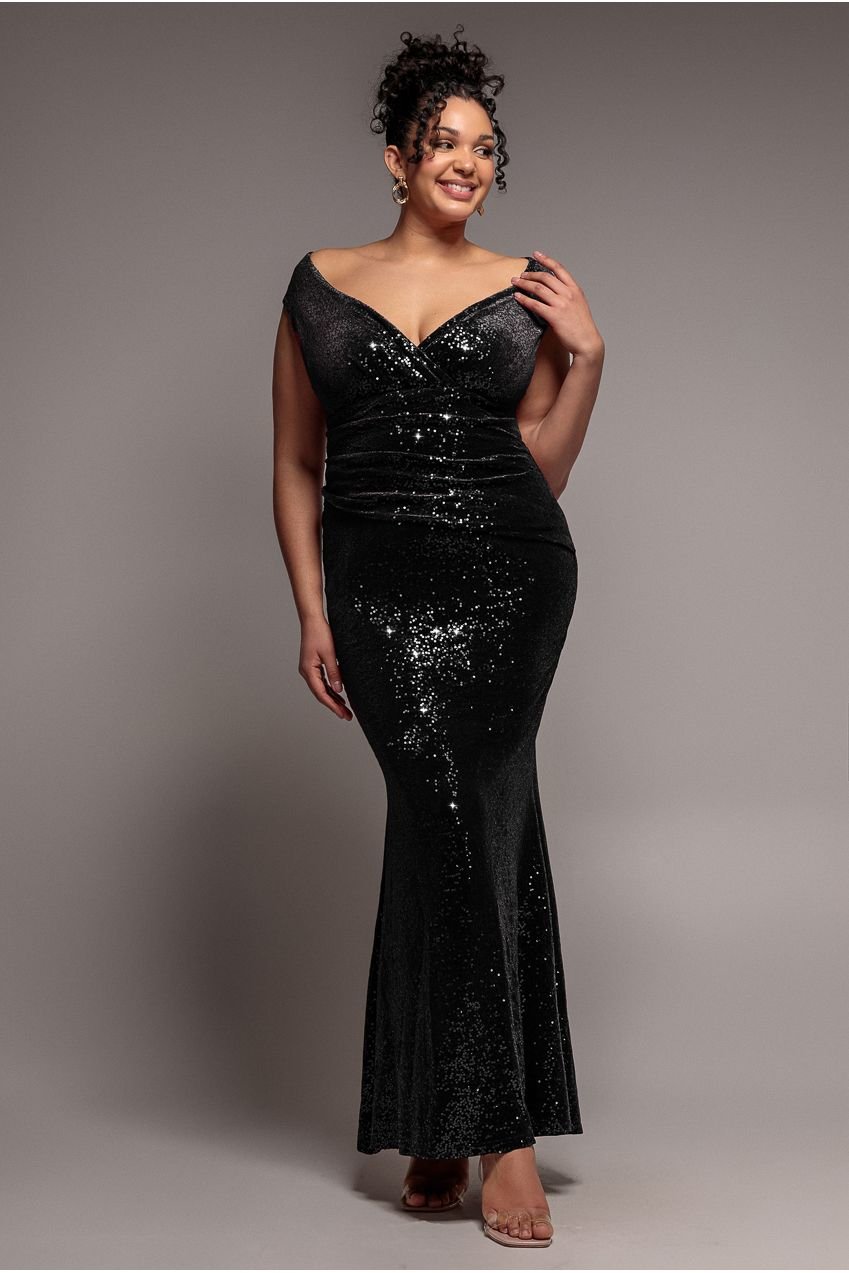 Goddiva Plus Sequin & Velvet Bardot Maxi Dress – Black