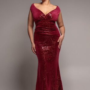 Goddiva Plus Sequin & Velvet Bardot Maxi Dress - Wine