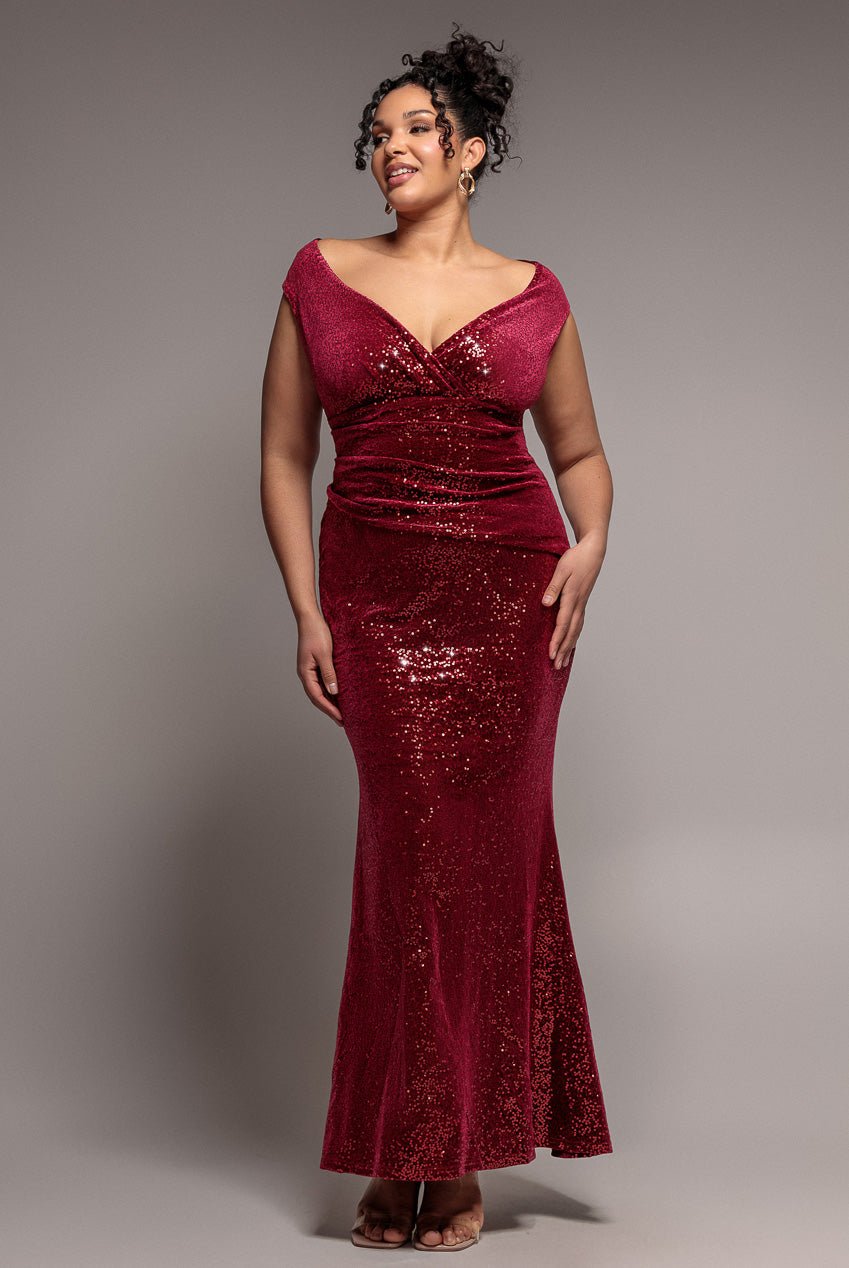 Goddiva Plus Sequin & Velvet Bardot Maxi Dress – Wine