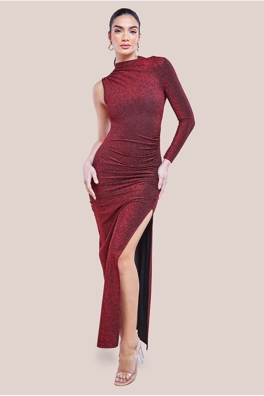 Goddiva Open Lurex Back One Sleeve Maxi Dress – Red