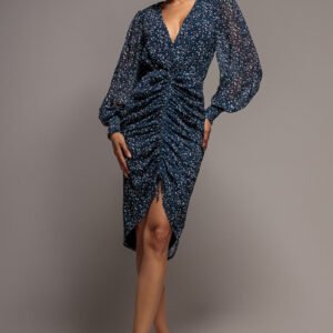Goddiva Printed Long Sleeve Drawstring Midi Dress - Navy Print