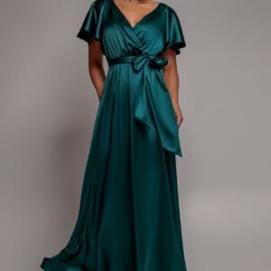 Goddiva Satin Flutter Sleeve Wrap Maxi Dress - Emerald Green