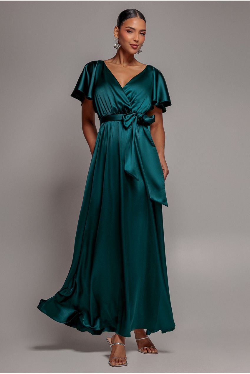 Goddiva Satin Flutter Sleeve Wrap Maxi Dress – Emerald Green