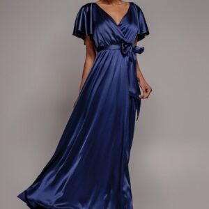 Goddiva Satin Flutter Sleeve Wrap Maxi Dress - Navy Blue