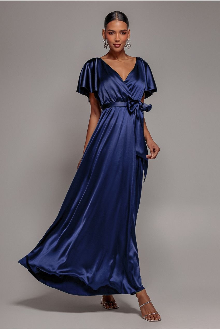 Goddiva Satin Flutter Sleeve Wrap Maxi Dress – Navy Blue