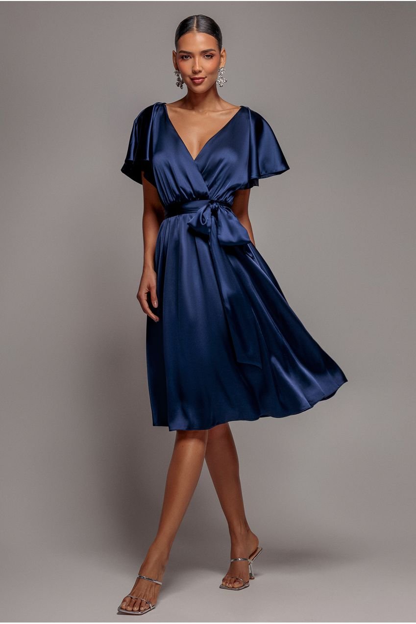 Goddiva Satin Flutter Sleeve Wrap Midi Dress – Navy Blue