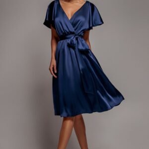 Goddiva Satin Flutter Sleeve Wrap Midi Dress - Navy Blue