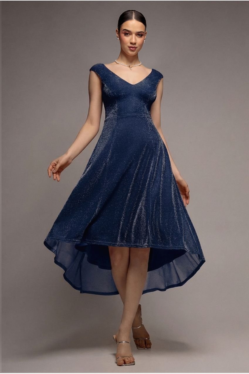 Goddiva Off The Shoulder Lurex High Low Dress – Navy