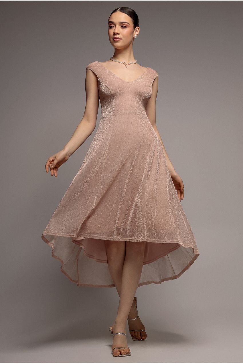 Goddiva Off The Shoulder Lurex High Low Dress – Nude