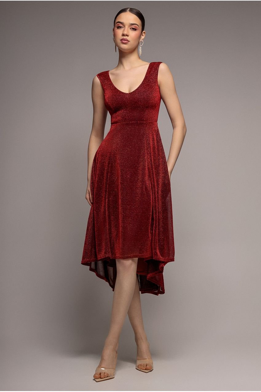 Goddiva Off The Shoulder Lurex High Low Dress – Red